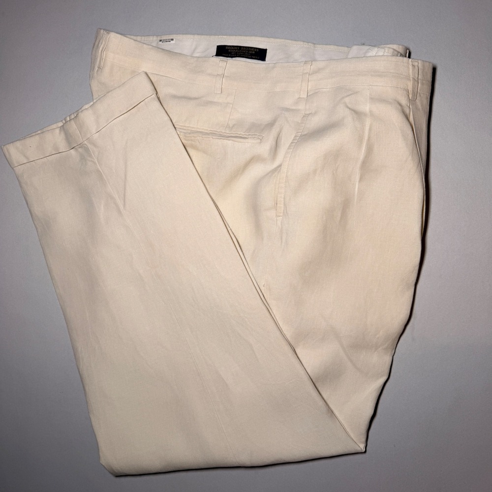 Vtg 70s Brooks Brothers Pleated Linen Pants Mens 44x32 Cream Cuffed USA Talon